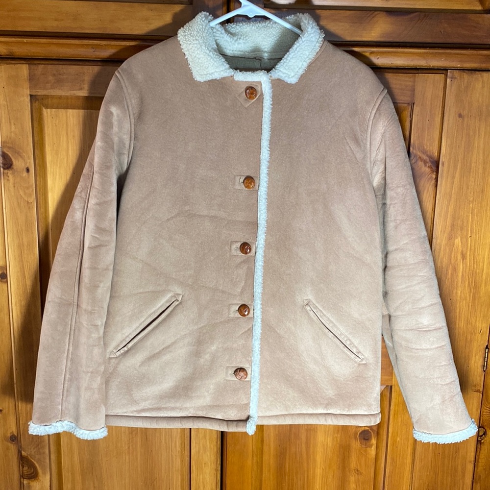 Womens Tan Suede White Fur Sherpa Lined Winter Jacket